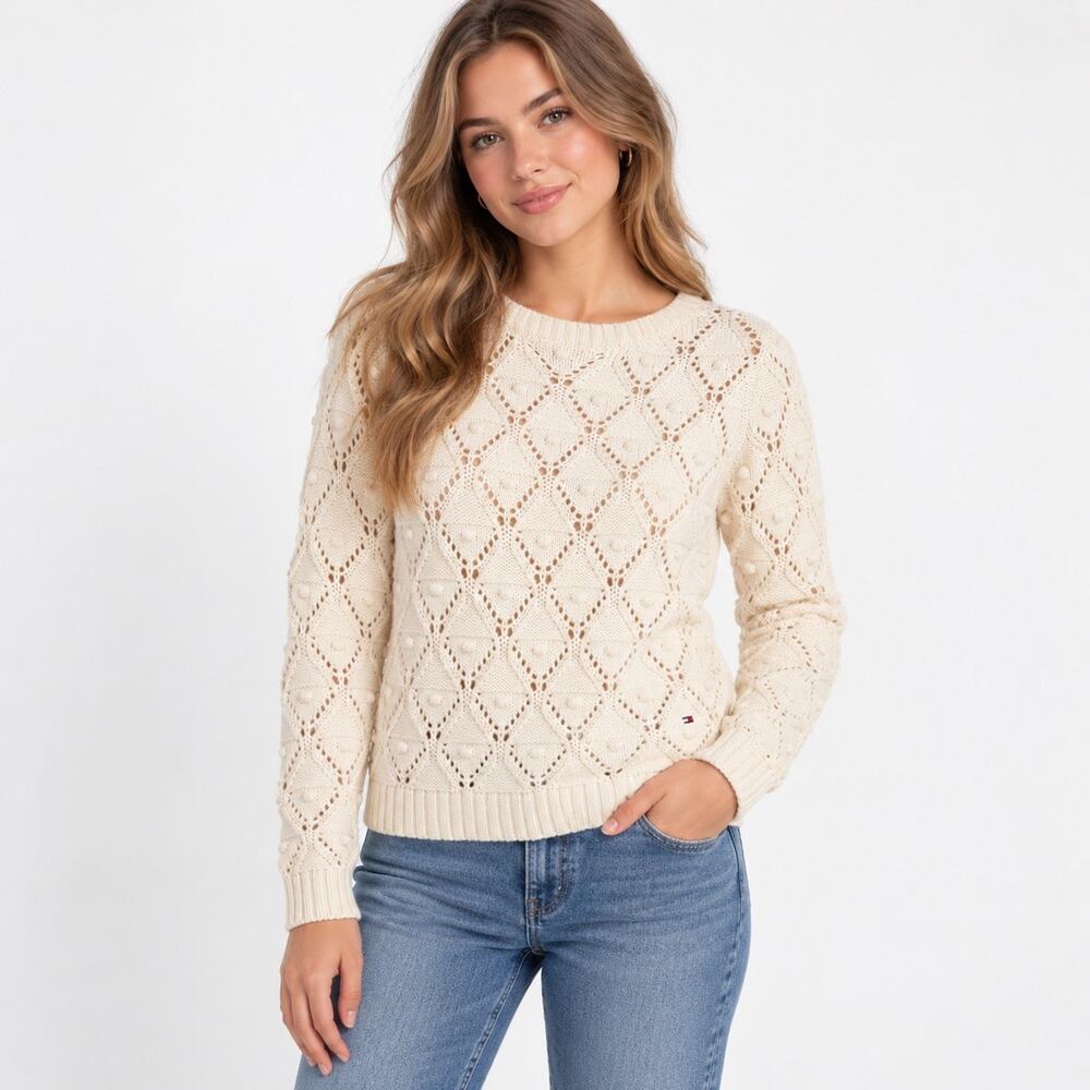 Tommy Hilfiger Womens S Ivory Cotton Pointelle Bobble Knit Sweater Preppy